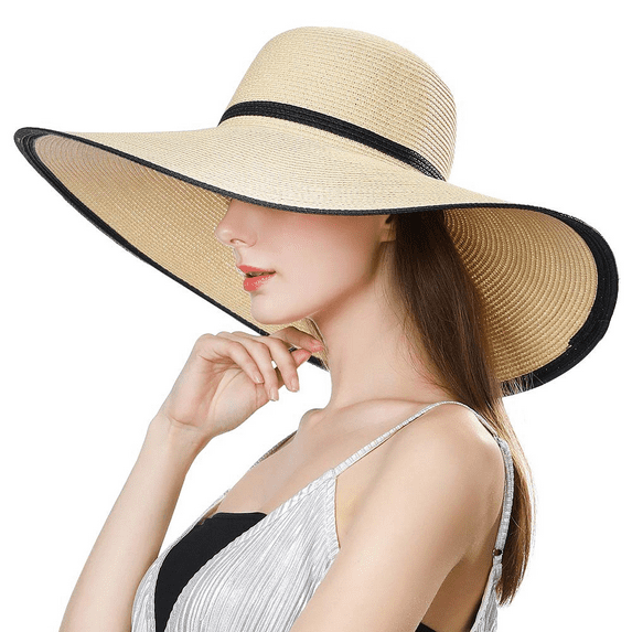 Comhats Womens Extra Large Packable Floppy Straw Beach Sun Hat with Wide Brim UV UPF 50 Protection Foldable Travel Sunhat Beige XL