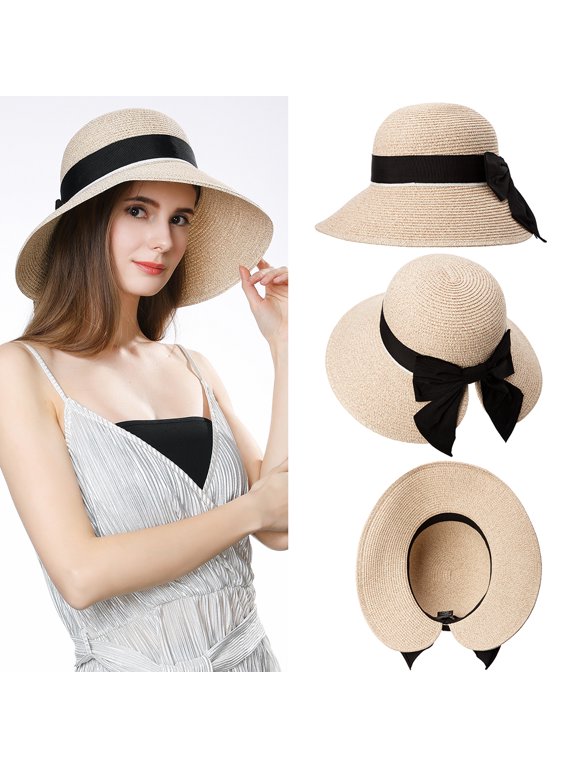 Womens Floppy Summer Sun Beach Straw Hats Accessories Wide Brim UPF 50 Crushable 58-60cm Beige