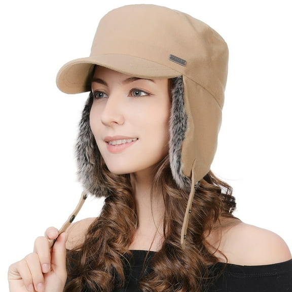 Comhats Womens Winter Baseball Army Cap Trapper Warm Lined Military Hunting Hat Men Faux Fur Ear Flaps Muffs Ski Cold Weather Elmer Fudd Camel 56-58CM