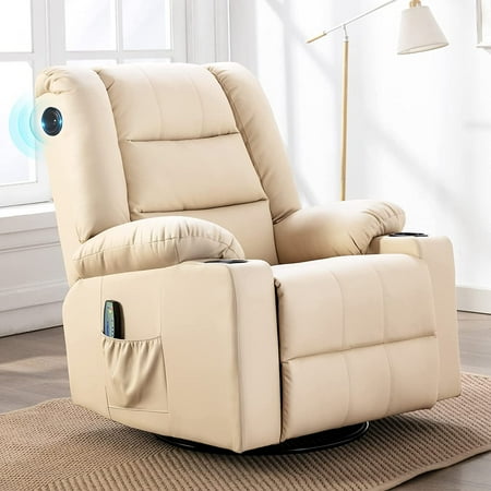 Comhoma Faux Leather Massage Swivel Rocker Recliner with Speakers, White