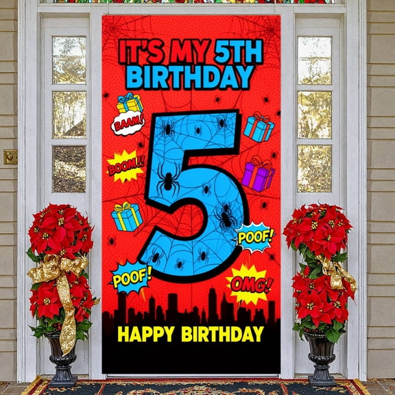 Comic 5th Birthday Banner Red & Blue Color Scheme Superhero Birthday Backdrop Spider Theme Gift Box Pattern Birthday Photo Background for Kids Birthday Party Indoor Party Decor Birthday Photo