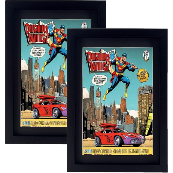 Comic Book Frame 2 Pack, Black & White Acid Free Double Mats, UV Protection, PVC Frame Fits Current and Standard Size Comic up to 6 3/4" x 10 1/4", Fits Comic Book Bags and Sleeves, Wall or Tabletop