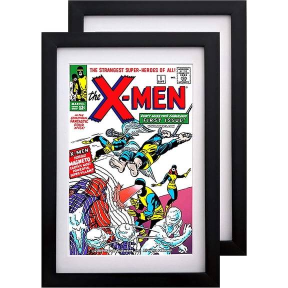Comic Book Frame 2 Pack, MDF Wood Frame, Acid-Free Matting, 98% UV Polycarbonate Protection, Fits Comics up to 6 3/4" x 10 1/4", Fits with Comic Book Bags and Sleeves (BLACK FRAME. WHITE MAT)