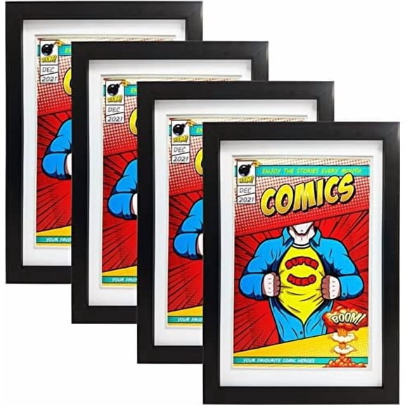 Comic Book Frame,4 Pack,Ultraviolet UV Protection, Fits Current Comics up to 6 3/4 inch x 10 1/4 inch, Wall or Tabletop Display,Spring Clips (Black Frame White Mat, 4)$$Home Decor, Kitchen, & Other