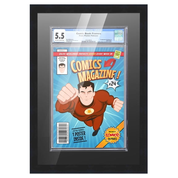 Comic Book Frame Wall Display with Mat for 1 CGC, CBCS OR PGX Graded Comic - Black Comic Frame for 8.125x13 Comic