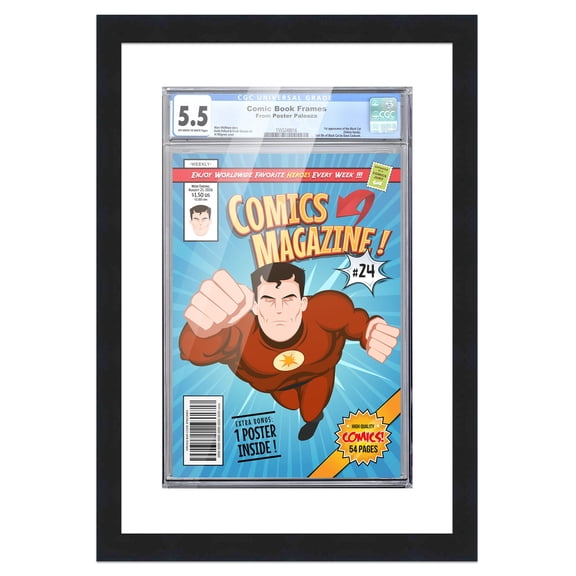Comic Book Frame Wall Display with Mat for 1 CGC, CBCS OR PGX Graded Comic - Black Comic Frame for 8.125x13 Comic