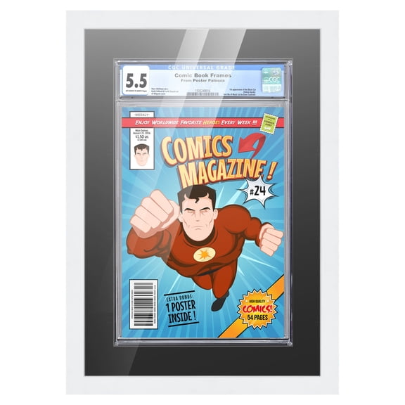Comic Book Frame with Mat for 1 Graded Comic - White Wood Comic Frame With Black Mat for 8.125x13