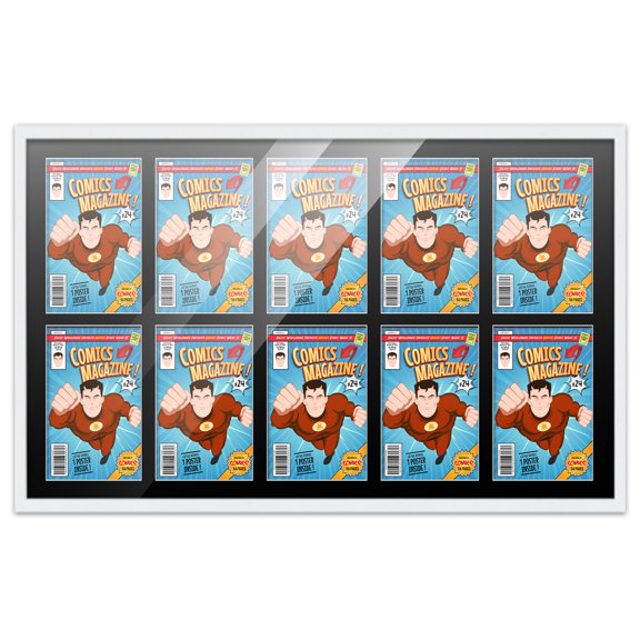 Comic Book Frame Wall Display with Mat for 10 Current Era Comics Published After 1985 - White Comic Frame for 6.875x10.5 Comics