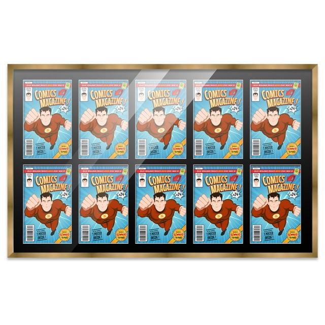 Comic Book Frame Wall Display with Mat for 10 Silver Age Comics Published Between 1956 and 1970 - Bronze Comic Frame for 7.125x10.5 Comics