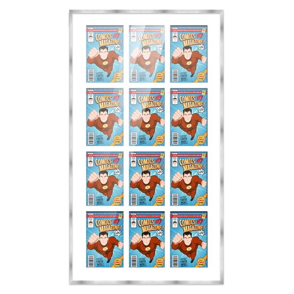 Comic Book Frame Wall Display with Mat for 12 Bronze Age Comics Published Between 1970 and 1985 - Silver Comic Frame for 7.25x10.5 Comics
