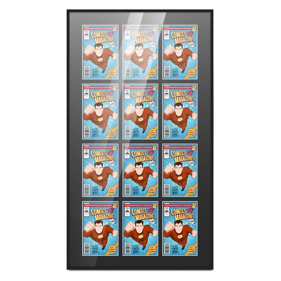 Comic Book Frame Wall Display with Mat for 12 Current Era Comics Published After 1985 - Black Comic Frame for 6.875x10.5 Comics