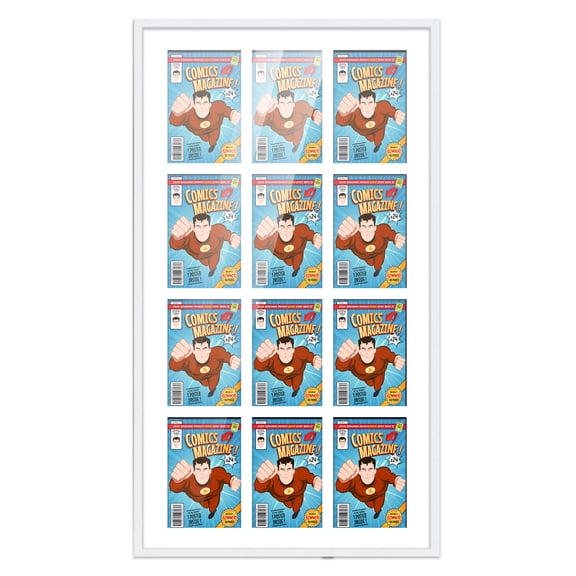 Comic Book Frame Wall Display with Mat for 12 Current Era Comics Published After 1985 - White Comic Frame for 6.875x10.5 Comics