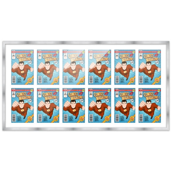 Comic Book Frame Wall Display with Mat for 12 Golden Age Comics Published Between 1938 and 1956 - Silver Comic Frame for 7.75x10.5 Comics