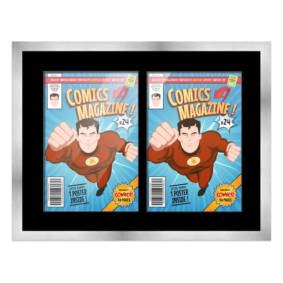 Comic Book Frame Wall Display with Mat for 2 Golden Age Comics Published Between 1938 and 1956 - Silver Comic Frame for 7.75x10.5 Comics