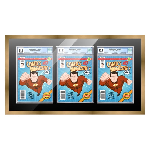 Comic Book Frame with Mat for 3 Graded Comics - Bronze Wood Comic Frame With Black Mat for 8.125x13