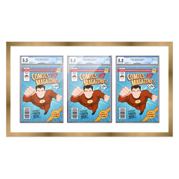 Comic Book Frame Wall Display with Mat for 3 CGC, CBCS OR PGX Graded Comics - Bronze Comic Frame for 8.125x13 Comics