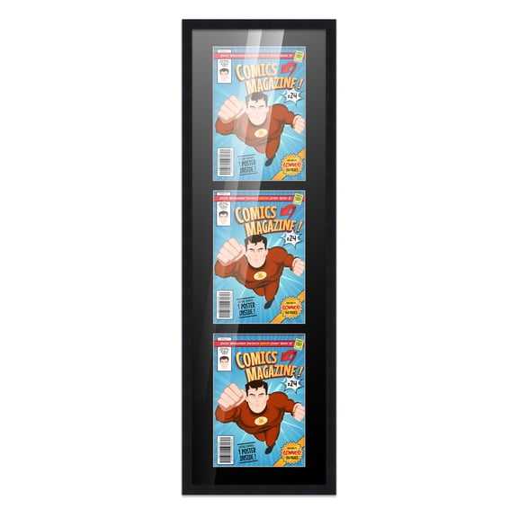 Comic Book Frame Wall Display with Mat for 3 Current Era Comics Published After 1985 - Black Comic Frame for 6.875x10.5 Comics