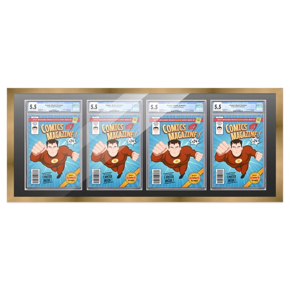 Comic Book Frame with Mat for 4 Graded Comics - Bronze Wood Comic Frame With Black Mat for 8.125x13