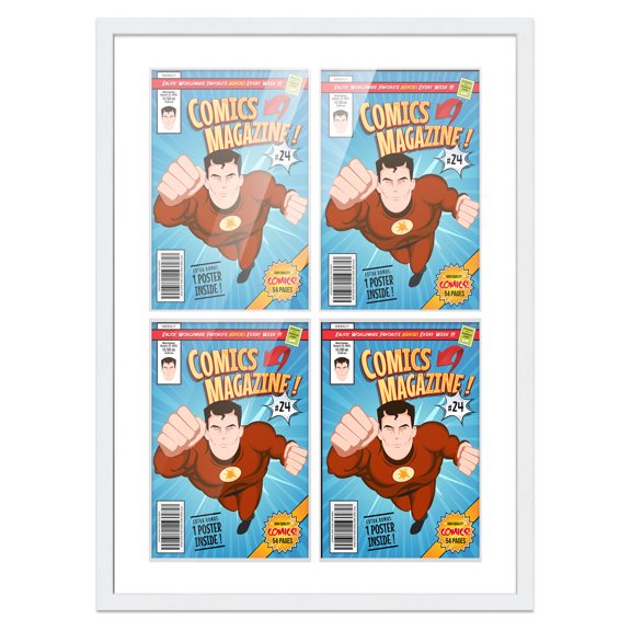 Comic Book Frame Wall Display with Mat for 4 Current Era Comics Published After 1985 - White Comic Frame for 6.875x10.5 Comics