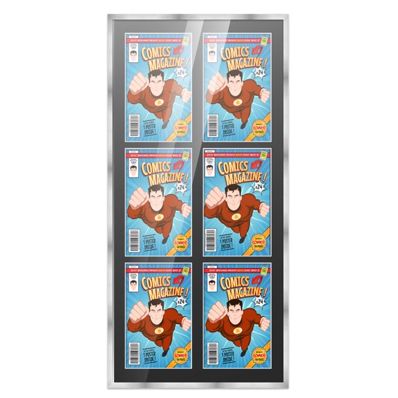 Comic Book Frame Wall Display with Mat for 6 Current Era Comics Published After 1985 - Silver Comic Frame for 6.875x10.5 Comics