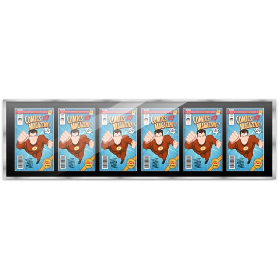 Comic Book Frame Wall Display with Mat for 6 Current Era Comics Published After 1985 - Silver Comic Frame for 6.875x10.5 Comics