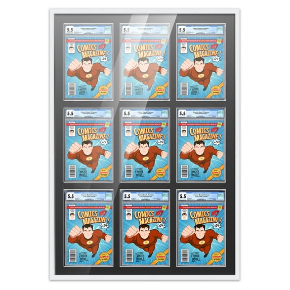 Comic Book Frame Wall Display with Mat for 9 CGC, CBCS OR PGX Graded Comics - White Comic Frame for 8.125x13 Comics