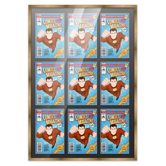 Comic Book Frame Wall Display with Mat for 9 Current Era Comics Published After 1985 - Bronze Comic Frame for 6.875x10.5 Comics
