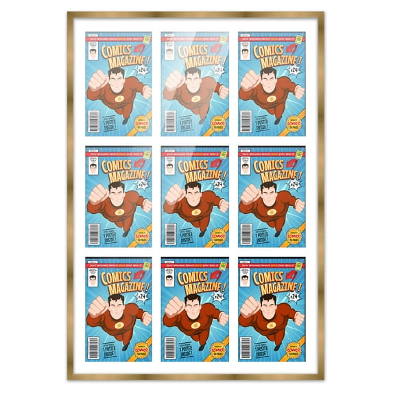 Comic Book Frame Wall Display with Mat for 9 Current Era Comics Published After 1985 - Bronze Comic Frame for 6.875x10.5 Comics