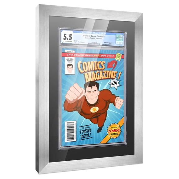 Comic Book Frame with Mat for 1 Graded Comic - Silver Wood Comic Frame With Black Mat for 8.125x13