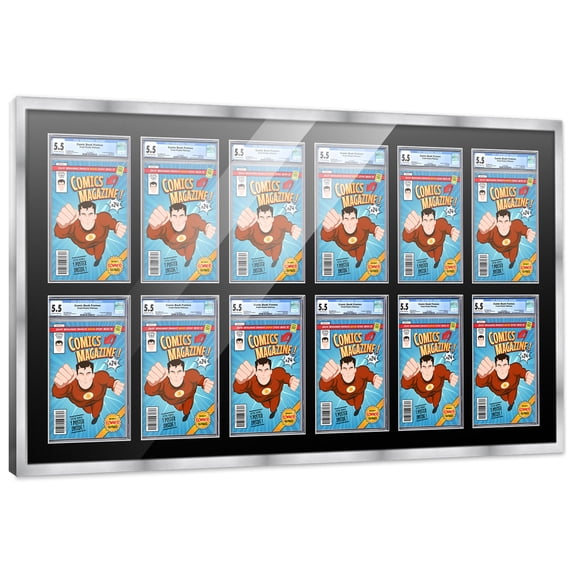 Comic Book Frame with Mat for 12 Graded Comics - Silver Wood Comic Frame With Black Mat for