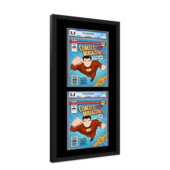 Comic Book Frame with Mat for 2 Graded Comics - Black Wood Comic Frame With Black Mat for 8.125x13