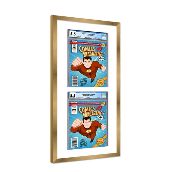 Comic Book Frame with Mat for 2 Graded Comics - Bronze Wood Comic Frame With White Mat for 8.125x13