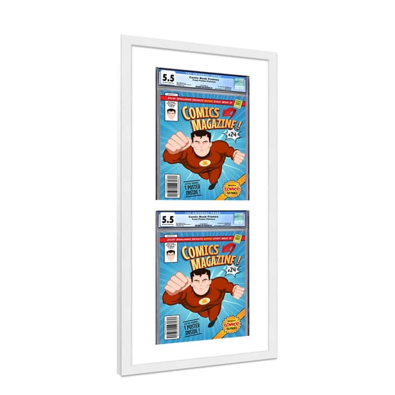 Comic Book Frame with Mat for 2 Graded Comics - White Wood Comic Frame With White Mat for 8.125x13
