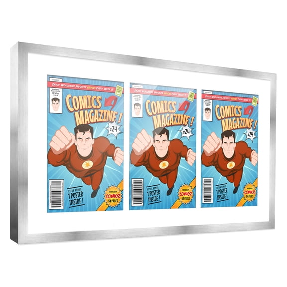 Comic Book Frame with Mat for 3 Current Era Comics Published After 1985 - Silver Wood Comic Frame