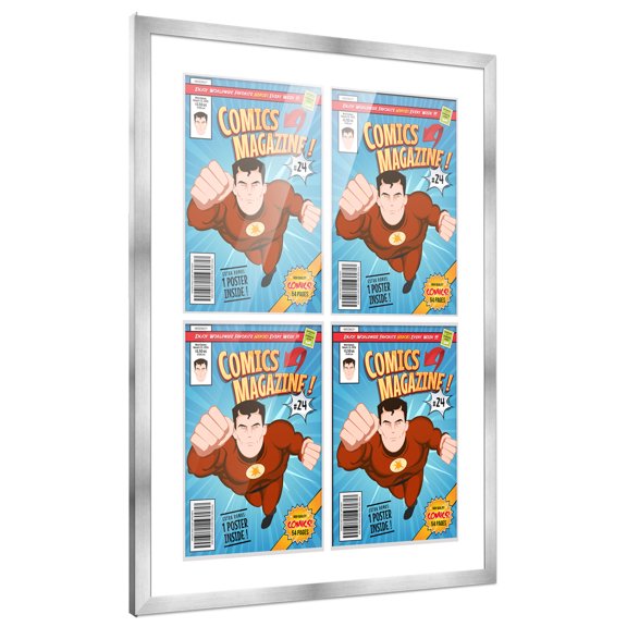 Comic Book Frame with Mat for 4 Bronze Age Comics Published Between 1970 and 1985 - Silver Wood