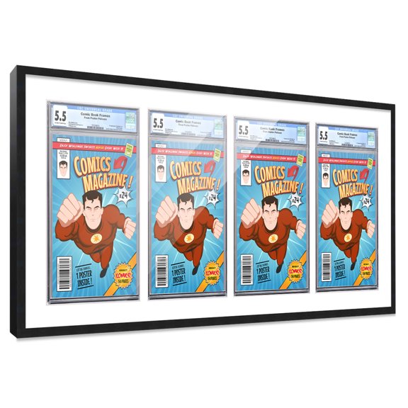 Comic Book Frame with Mat for 4 Graded Comics - Black Wood Comic Frame With White Mat for 8.125x13