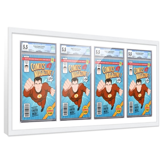 Comic Book Frame with Mat for 4 Graded Comics - White Wood Comic Frame With White Mat for 8.125x13