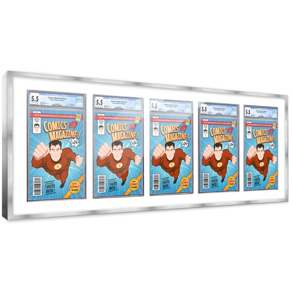 Comic Book Frame with Mat for 5 CGC, CBCS OR PGX Graded Comics - Silver Frame for 8.125x13 Comics