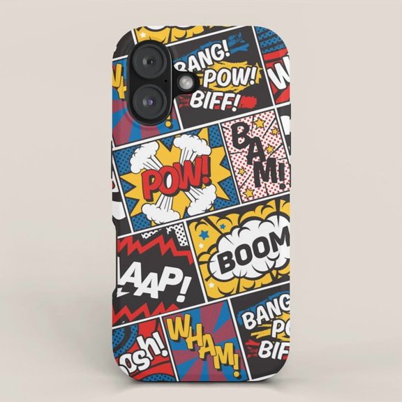 Comic Book Sound Effects Tough Phone Case for Apple iPhone, Dual-Layer Polycarbonate and TPU, Red, Yellow, Blue and Black