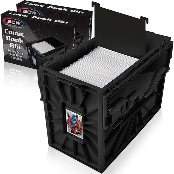 Comic Book Storage Bin  Stackable Acid-Free Plastic Organizer, Holds 150 Comics, Black, 2 Pack