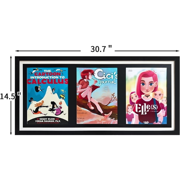 Comic Book Storage Shadow Box Display Frame for 3 Magazines, Wood & Wall Mount with Black Matting, 8.5x11.25 Inch