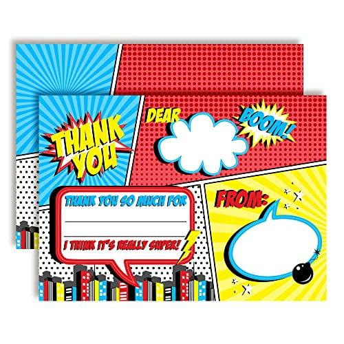 Comic Book Super Hero Birthday Thank You Cards for Kids 10 Cards with Envelopes 4.5x5 Fill In the Blank Thank You Notes, Kids Birthday Party Stationery by Amanda Creation