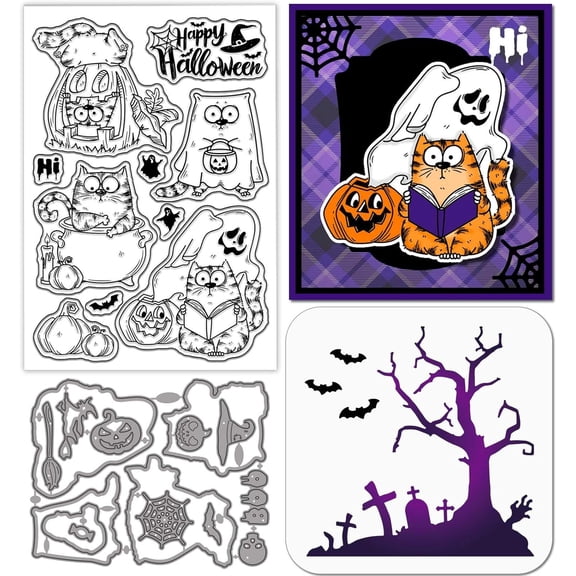 Comic Cat Die Cuts Clear Stamps Painting Stencils for Card Making Cartoon Cat Silicone Stamps Animal Metal Cutting Dies PET Paint Craft Template for DIY Scrapbooking Decor for DIY