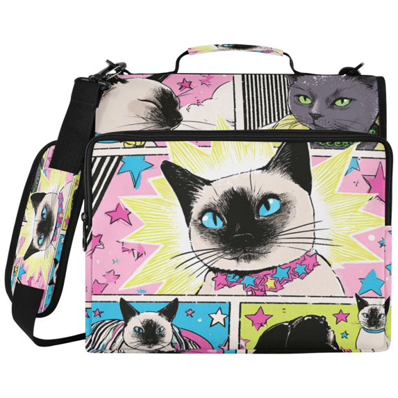 Comic Cat Printed Zipper Binder with Handle&Shoulder Strap 2 inch 3 Ring 500+300 Sheet Capacity File Folder Organizer