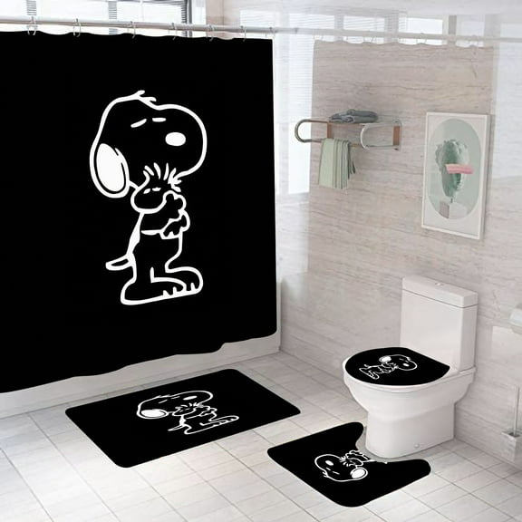 Comic Dog Snoopy Shower Curtain, Bathroom 4 Pieces Set Toilet Lid Cover and Bath Mat, Non-Slip Rugs, Durable and Waterproof, for Bathroom Decor Set, 72" x 72"