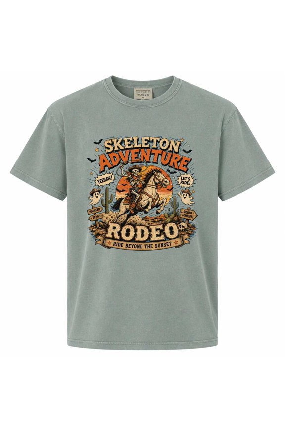 Comic Halloween Skeleton Cowboy T-Shirt Funny Western Adventure Graphic Tee for Fall Rodeo Country Fans