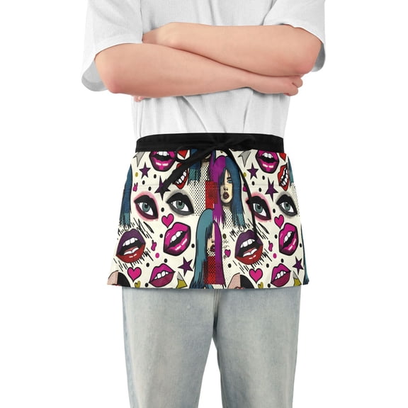 Comic Lips Eyes Stars Server Apron with 3 Pockets Waterproof Waitress Waist Short Apron for Man Woman 12 Inches