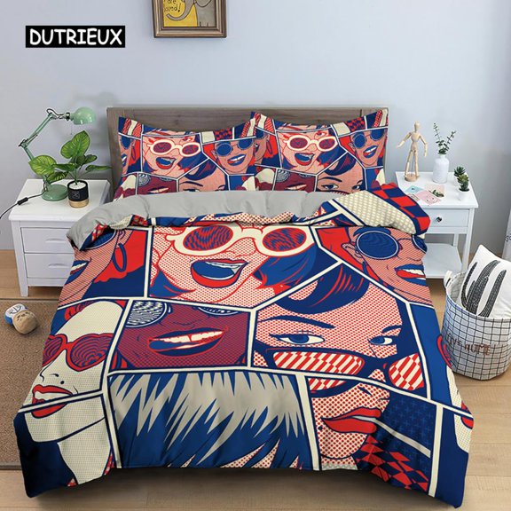 Comic Pattern Duvet Cover King Cartoon Bedding Set for Kids Boys Hippie Hip Hop Rock Style Polyest