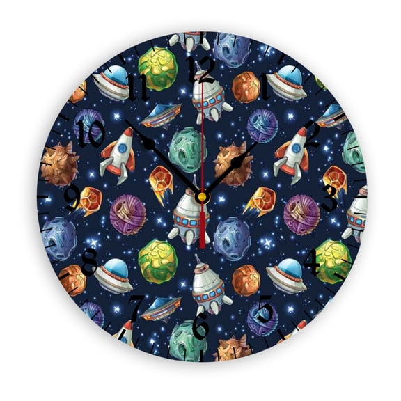 Comic Planet Spaceships Wall Clock, Battery Operated, PVC Round Silent Non-Ticking Clock with Clear Numbers for Living Room, Kitchen, Bedroom, Office, School Decor 12inch-30cm