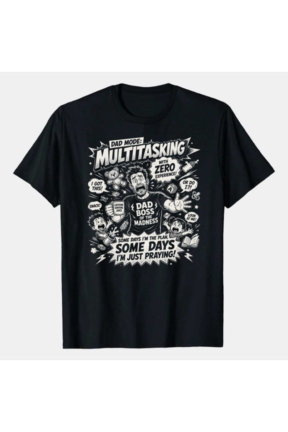 Comic Pop Parenting Chaos Funny Dad T-Shirt Bold Cartoon Style Fatherhood Humor Gift for Fathers Family Life Graphic Tee